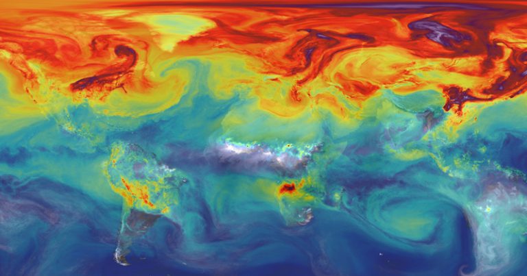 Simulação da quantidade de dióxido de carbono na atmosfera da Terra se metade das emissões de aquecimento global não forem absorvidas – Imagem: Nasa/Wikimedia Commons