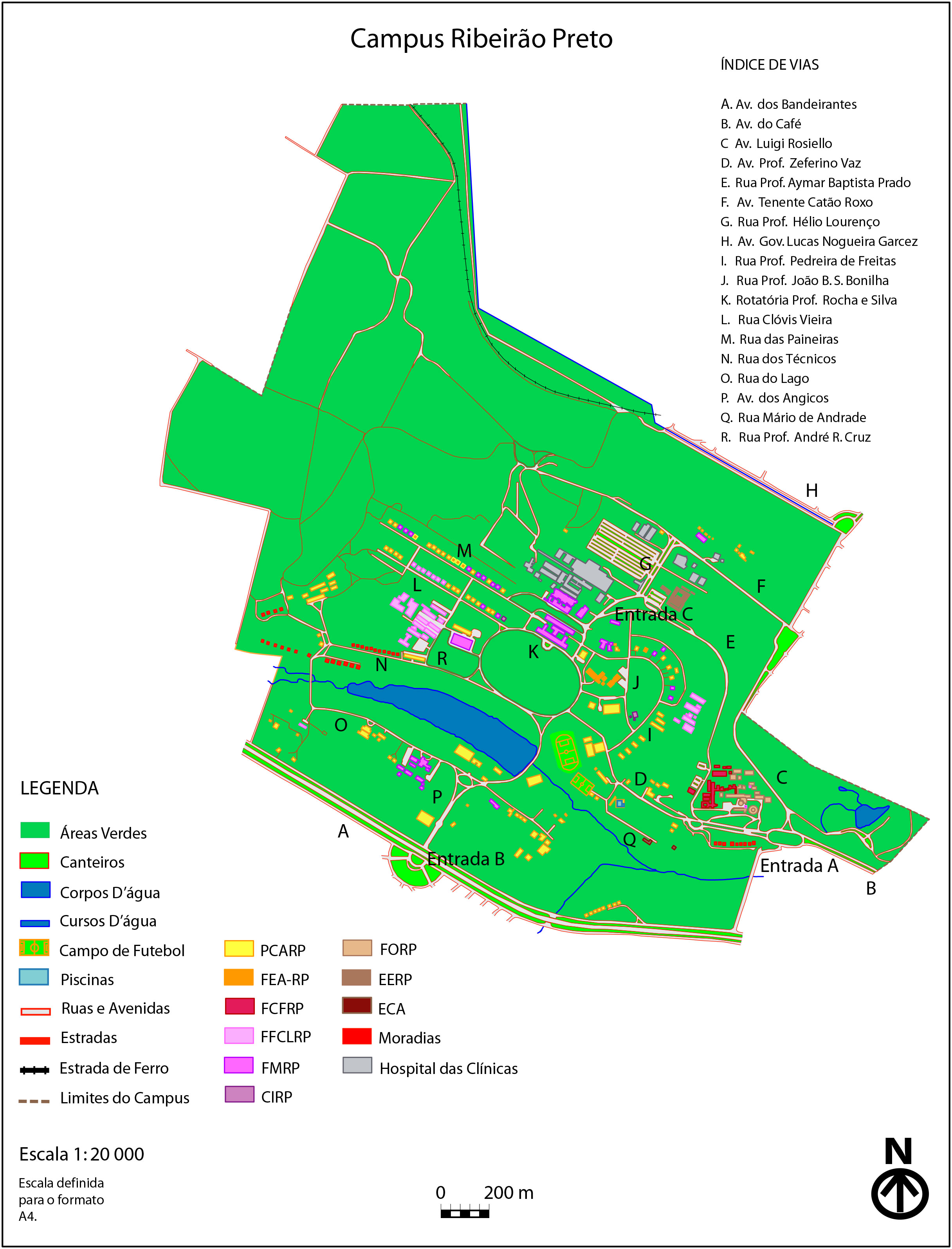Mapa do campus de Ribeirão Preto com a indicação das áreas verdes e institutos – Imagem: USP Mapas
