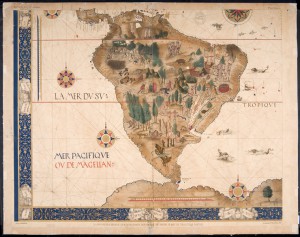 A América Meridional no mapa-múndi. Pierre Descelliers, 1546 - Original na Mapoteca do Itamaraty, RJ