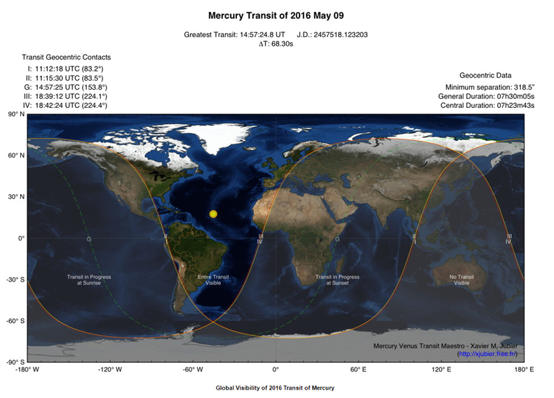 Mapa de visibilidade do Trânsito de Mercúrio em 09 de maio de 2016 / Divulgação
