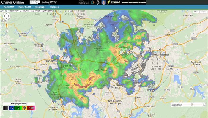 Exemplo de como a página chuvaonline.iag.usp.br irá apresentar em tempo real a movimentação das chuvas na área do radar - Foto: Divulgação/IAG