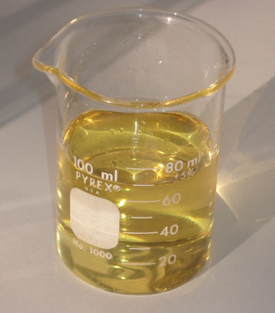 Béquer contendo biodiesel puro (B100) produzido a partir de óleo de soja - Foto: Leandro Maranghetti Lourenço / Wikimedia Commons