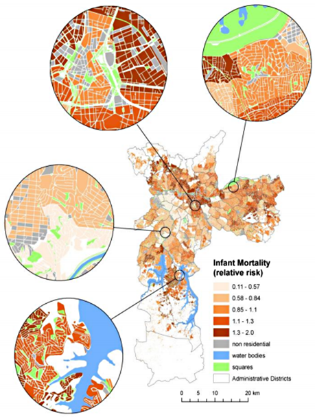 Representação da simétrica do risco relativo de mortalidade infantil entre 2006 e 2009 na cidade de São Paulo é um exemplo de como os mapas podem ajudar a evidenciar a desigualdade - Mapa: Ligia V. Barrozo/Journal of Maps