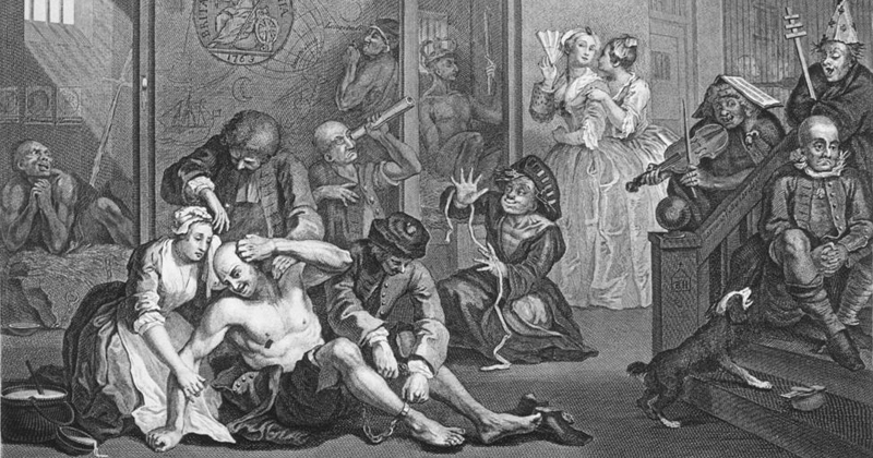 Cena de “O interior de Bethlem” (Bethlem Royal Hospital), considerado o manicômio mais antigo da Europa - Ilustração: William Hogarth, 1763 via Wikimedia Commons