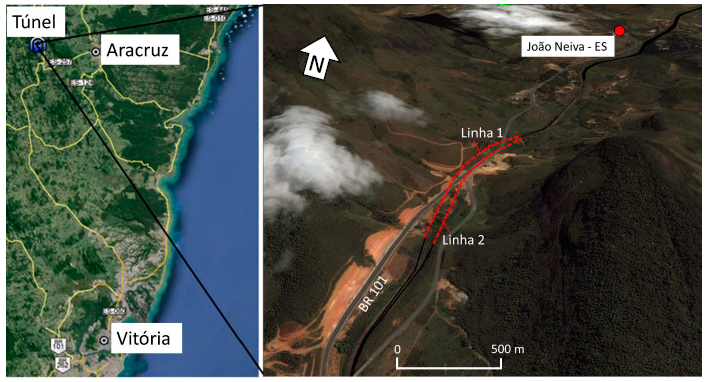 Túnel Monte Seco e a área de estudo (Google Earth) - Foto: Reprodução