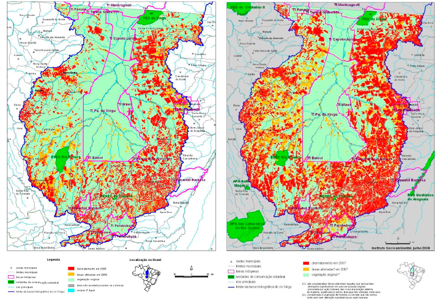 Região das cabeceiras do Rio Xingu: desmatamento até 2000 (à esquerda) e até 2007 (à direita) - Imagem cedida pela pesquisadora