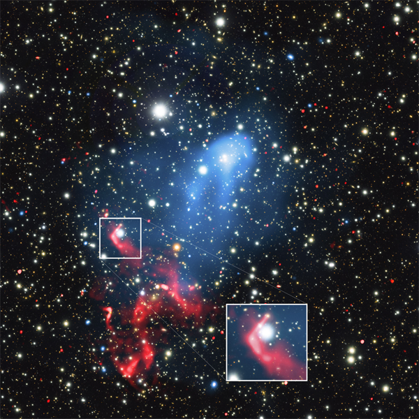  No gás quente (azul), partículas de alta energia que foram aceleradas por um buraco negro (ver a amplificação) são aceleradas novamente pela onda de choque, produzindo emissão em rádio (vermelho) - Imagem: Reinout van Weeren (Smithsonian External)