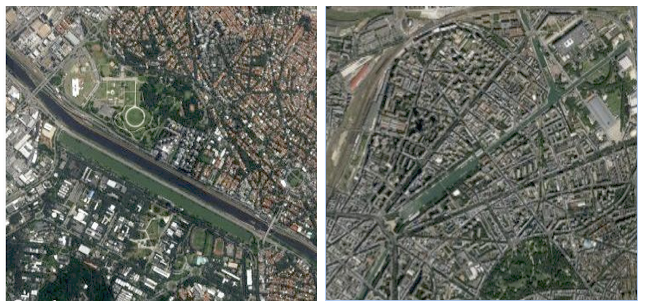Raia olímpica da USP e Bacia de la Villette em Paris, fotos aéreas na mesma escala - Fonte: Googlemaps