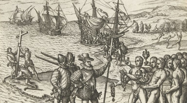 Gravura de Johann Theodor de Bry datada de 1594 representa a chegada de Cristóvão Colombo à América - Crédito: acervo digital do Rijksmuseum