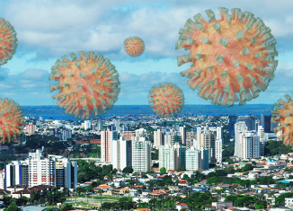 Fotomontagem da cidade de Manaus com o novo coronavírus - Fotomontagem: Jornal USP