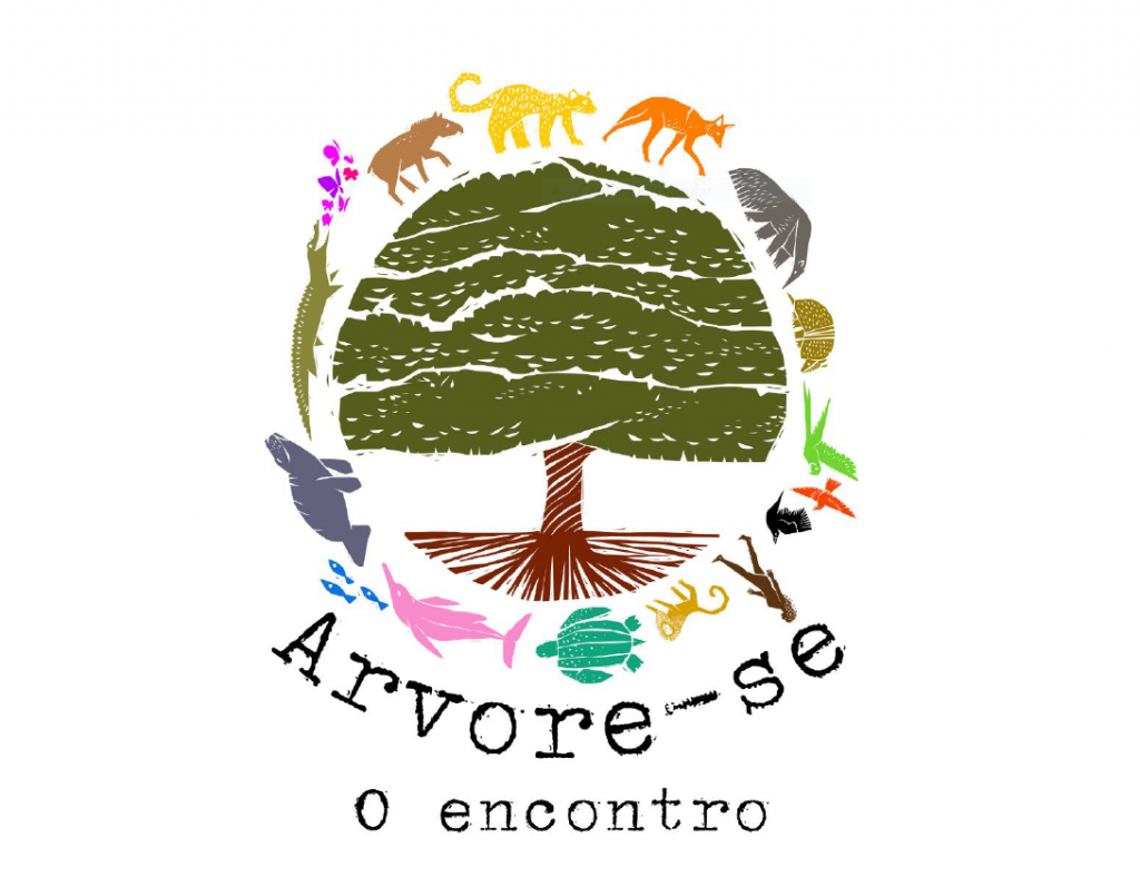 Na imagem tem uma árvore com a copa redonda, em meia lua, com tronco e solo, com desenhos de animais ao redor e escrito Arvore-se o Encontro