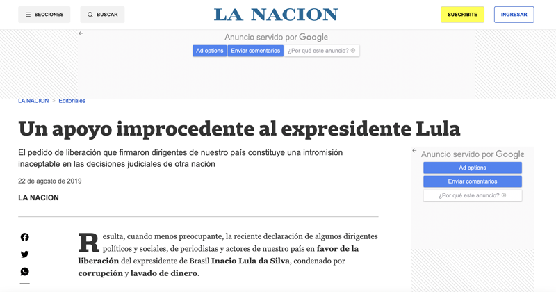 Também na Argentina, o estudo aponta que o jornal La Nación considerava procedimentos judiciais adotados na operação uma referência que deveria ser seguida pelas autoridades locais