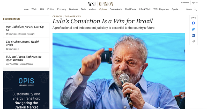 Segundo o estudo, o Wall Street Journal, nos Estados Unidos, apoiou de forma incondicional a prisão de Lula, considerando-a uma vitória das instituições brasileiras e da Lava Jato