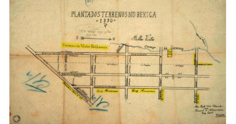 Planta dos terrenos no Bexiga, de 1890, que mostra a instalação da malha urbana junto à
margem direita do Córrgo Saracura - Imagem: Instituto Bixiga