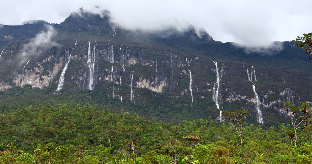 O Pico da Neblina num dia de chuva, com cachoeiras escorrendo pelas suas escarpas - Foto: Ivan Prates