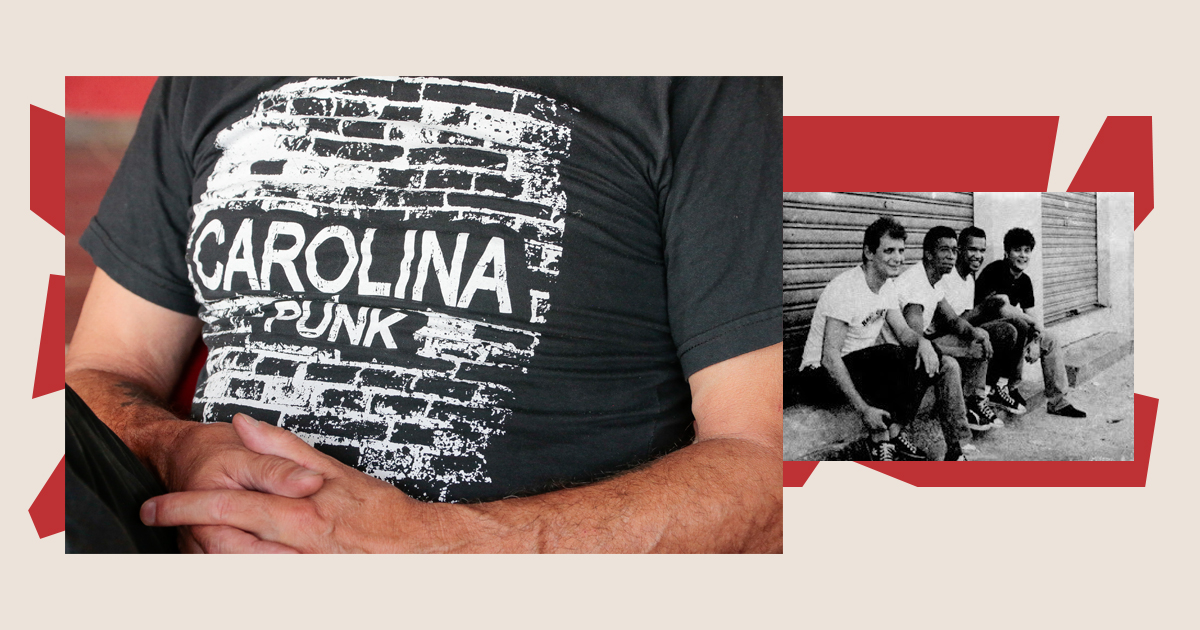 Foto da banda Restos de Nada (Ariel, Charles, Clemente e Douglas Viscaino) / Camisa "Carolina Punk" - Fotos: Marcos Santos/USP Imagens e Reprodução/Acervo pessoal