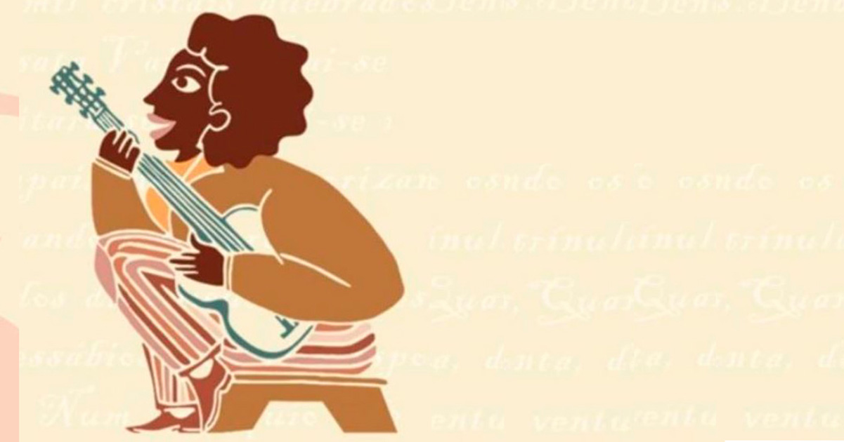 Ilustração de mulher negra sentada tocando viola