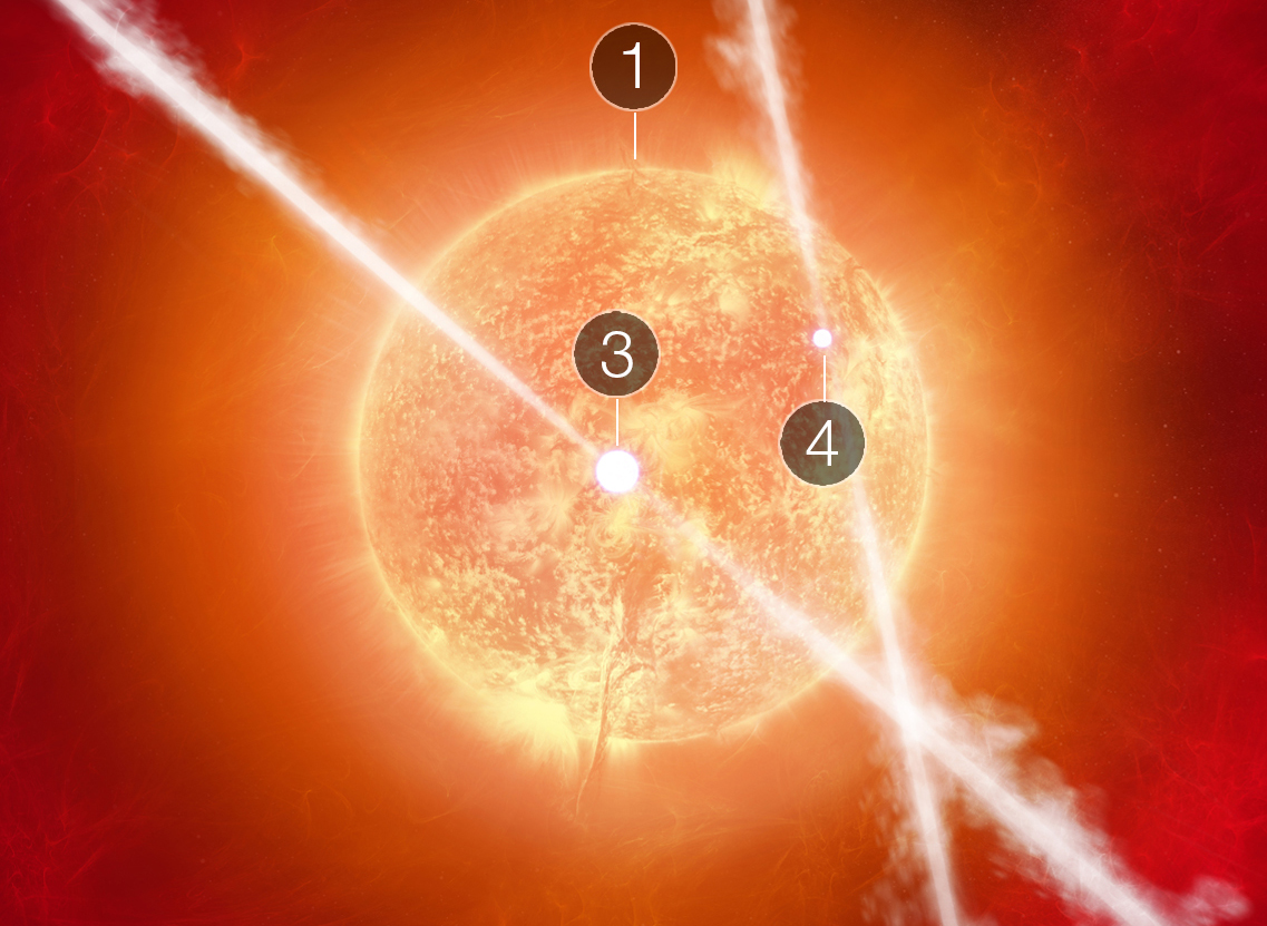 A estrela 1 se expande à medida que envelhece, enquanto as estrelas 3 e 4 enviaram uma série de jatos - Imagem: NASA, ESA, CSA e E. Wheatley (STScI)