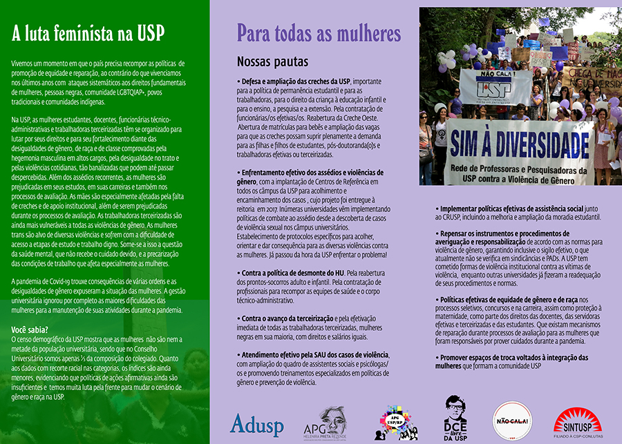 Folder de divulgação das atividades unificadas do mês de março, em homenagem ao Dia Internacional de Luta das Mulheres. Foto: Divulgação/Sintusp