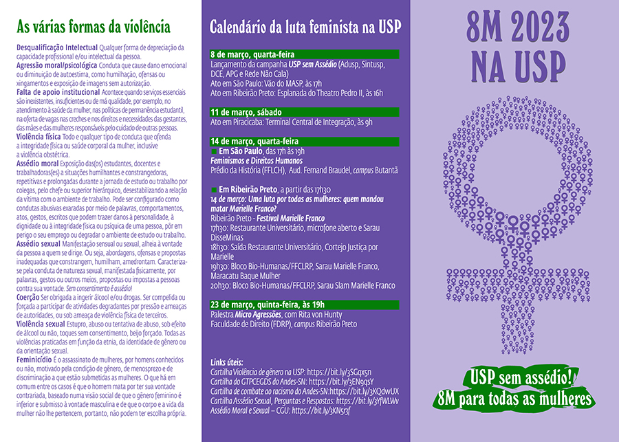 Folder de divulgação das atividades unificadas do mês de março, em homenagem ao Dia Internacional de Luta das Mulheres.  Foto: Divulgação/Sintusp