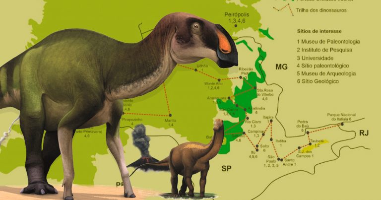 Fotomontagem Jornal da USP feita sobre imagem de Luiz Anelli (Projeto Trilha dos Dinossauros) e fotos do Guia Completo dos Dinossauros do Brasil