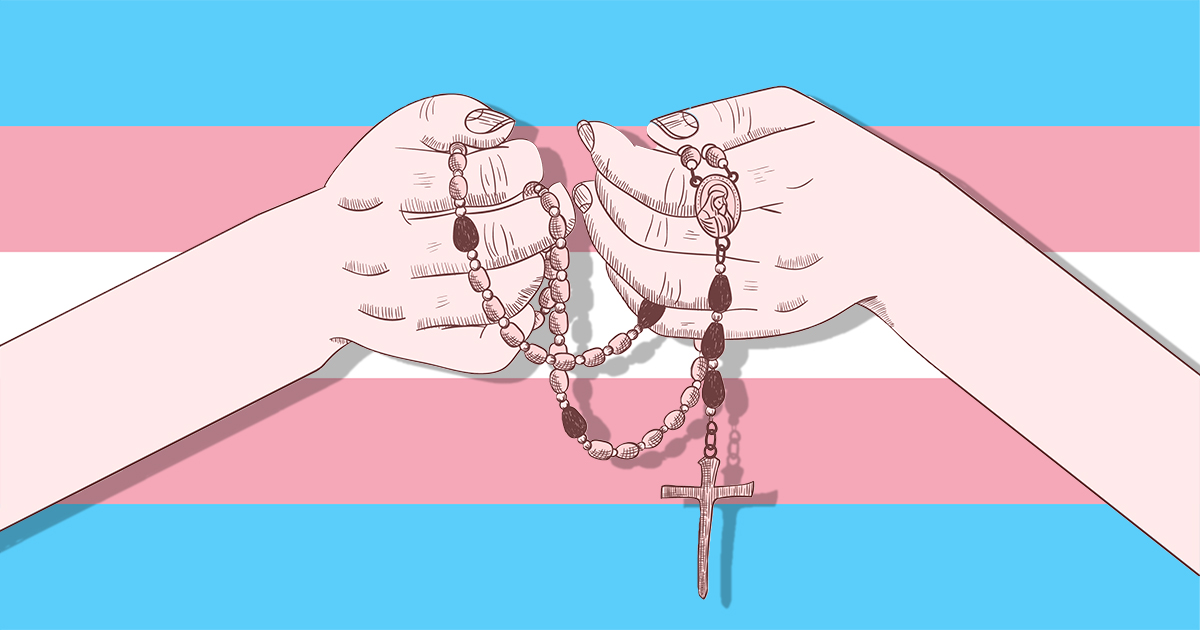 fotomontagem de bandeira trans ao fundo e mãos segurando um terço católico