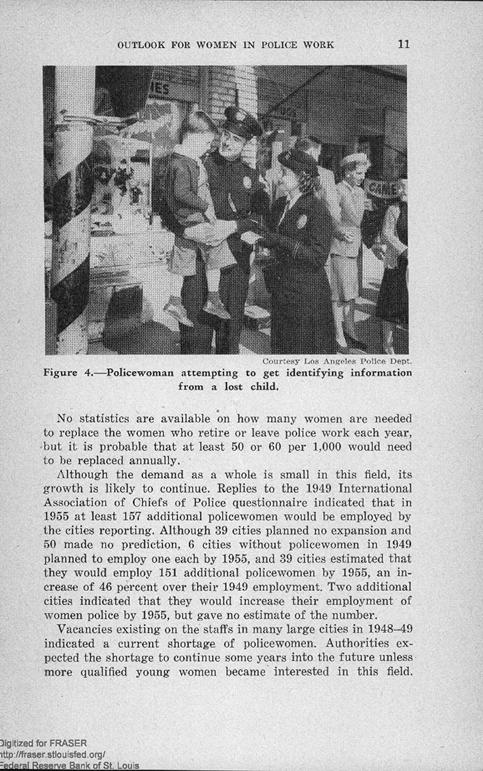 Página do boletim de número 231, publicado em 1949. Boletim sobre as oportunidades de emprego na polícia para mulheres. WOMEN’S BUREAU, U.S. Department of Labor. The outlook for
women in police work, n. 231. Washington: U. S. Government Printing Office, 1949