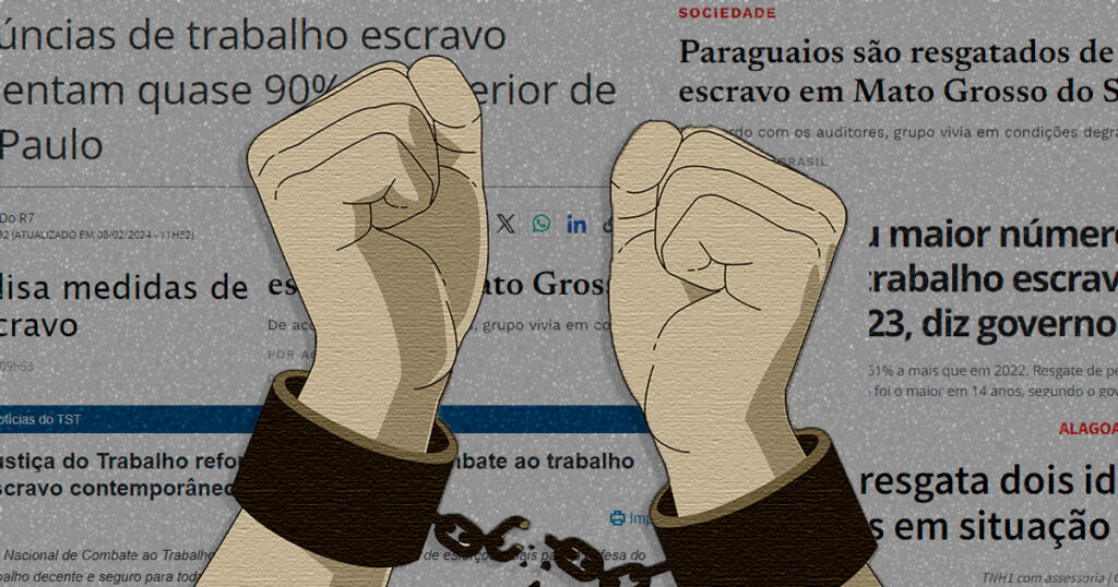 Fotomontagem na qual se vê dois pulsos algemados diante de um painel repleto de dizeres sobre trabalho escravo