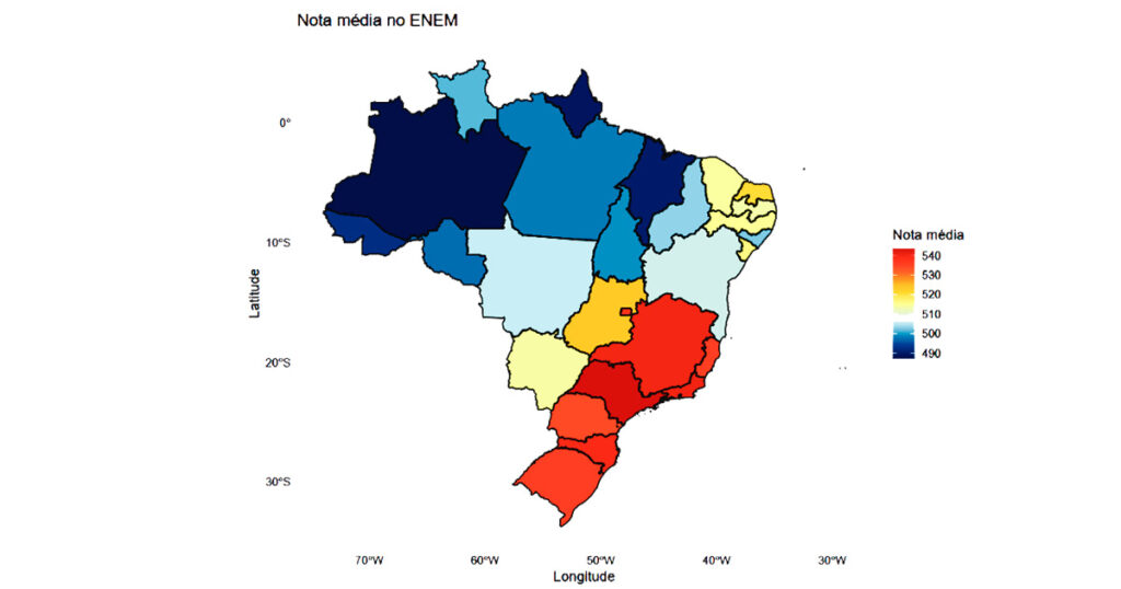 Mapa mostra desempenho de estudantes no ENEM 2019 por região do Brasil