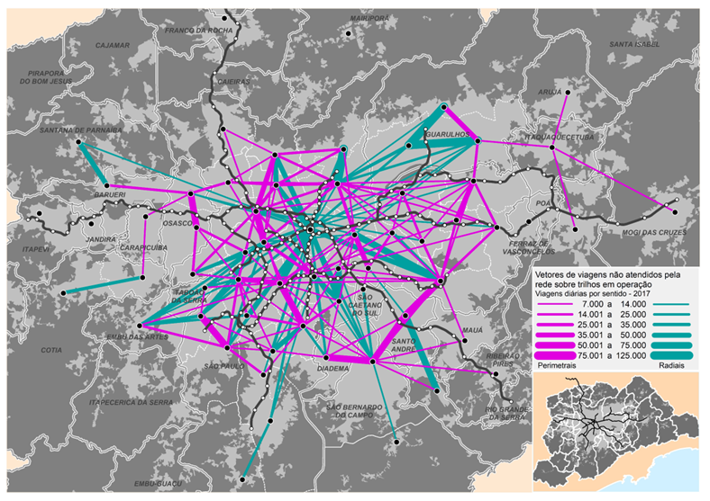 Mapa da região metropolitana de São Paulo mostrando viagens não atendidas pela rede sobre trilhos em operação em 2024
