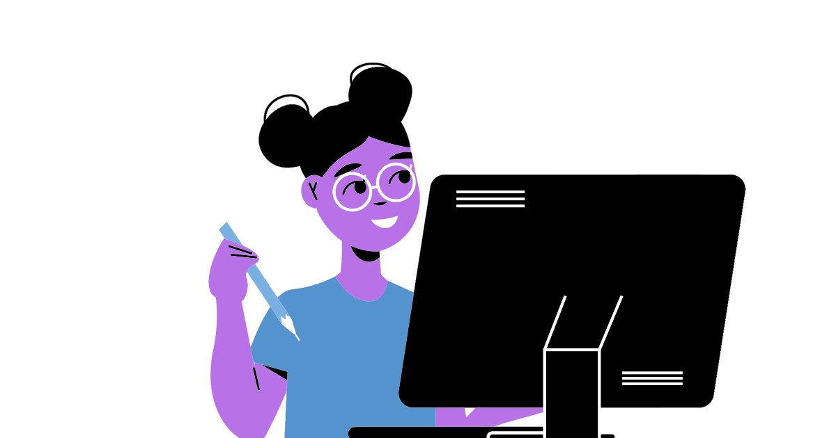 Ilustração de uma menina em frente a um computador. Ela usa óculos e tem um lápis na mão.