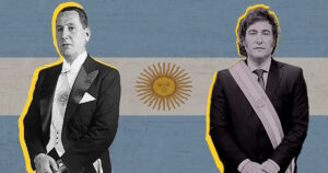 Arte com fotos de Juan Domingo Perón (à esq.) e Javier Milei (à dir.), presidentes Argentinos sobre foto da Argentina