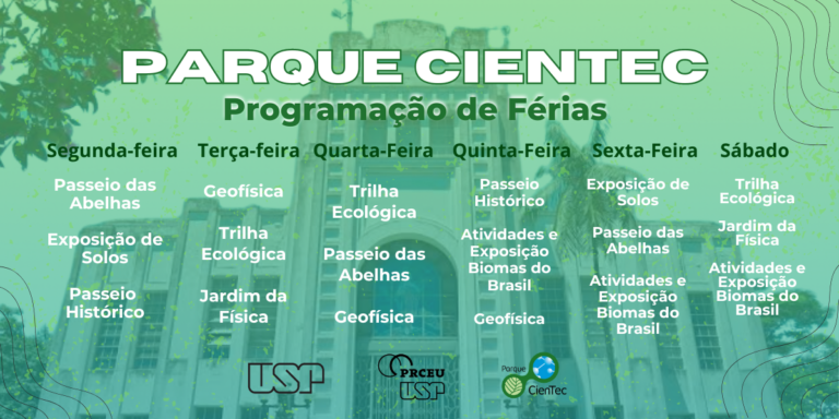 Confira a programação das atividades oferecidas no Parque CienTec nas férias de julho de 2024, nos diferentes dias da semana. Ao fundo, um dos edifícios do Parque