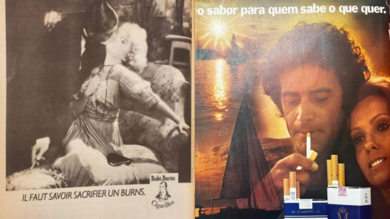 À esquerda, um anúncio francês em preto e branco mostra um homem branco vestido de fraque, segurando um cigarro aceso em sua mão direita e puxando uma mulher com a esquerda, a fim de beijá-la. Ele está em pé. A mulher está sentada em uma poltrona. Ela é branca, tem os cabelos claros presos em um penteado e usa um vestido de festa, um colar de duas voltas e uma bolsinha tipo clutch. À direita, um anúncio brasileiro mostra um homem branco acendendo um cigarro enquanto abraça uma mulher, também branca. O cenário do fundo é um pôr-do-sol dourado em uma paisagem litorânea. Um barco a vela navega sob o sol poente.