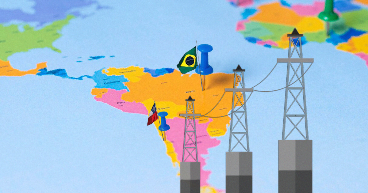 Imagem mostra mapa da América do Sul, com pino e bandeira afixados nos países Brasil e Chile e uma torre de transmissão de energia