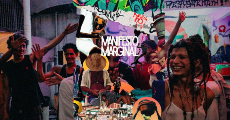 Imagem: Ilustração da capa do livro manifesto marginal em composição com fotos de integrantes do coletivo Slam Marginal