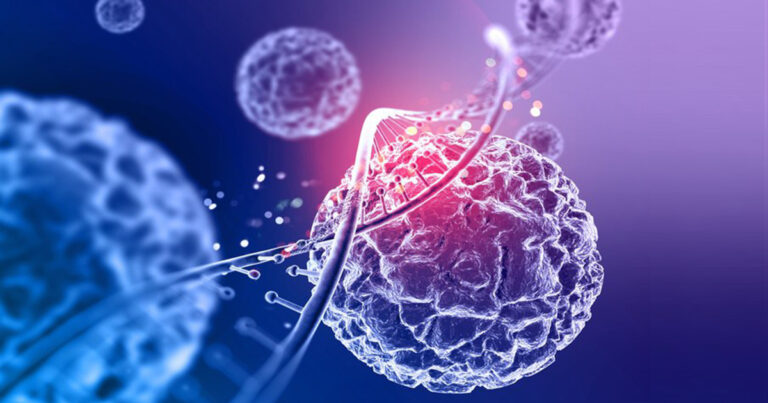 A imagem mostra uma representação artística de células e uma hélice de DNA, com sua estrutura espiralada visível, com uma delas destacada em um tom mais claro e com um brilho avermelhado