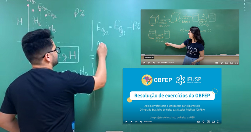 Aluno explica exercícios de física na lousa e ao lado há duas telas passando vídeos do Youtube com outros professores