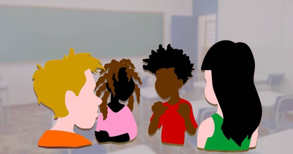 Desenho colorido de um grupo de jovens brancos e negros numa sala de aula