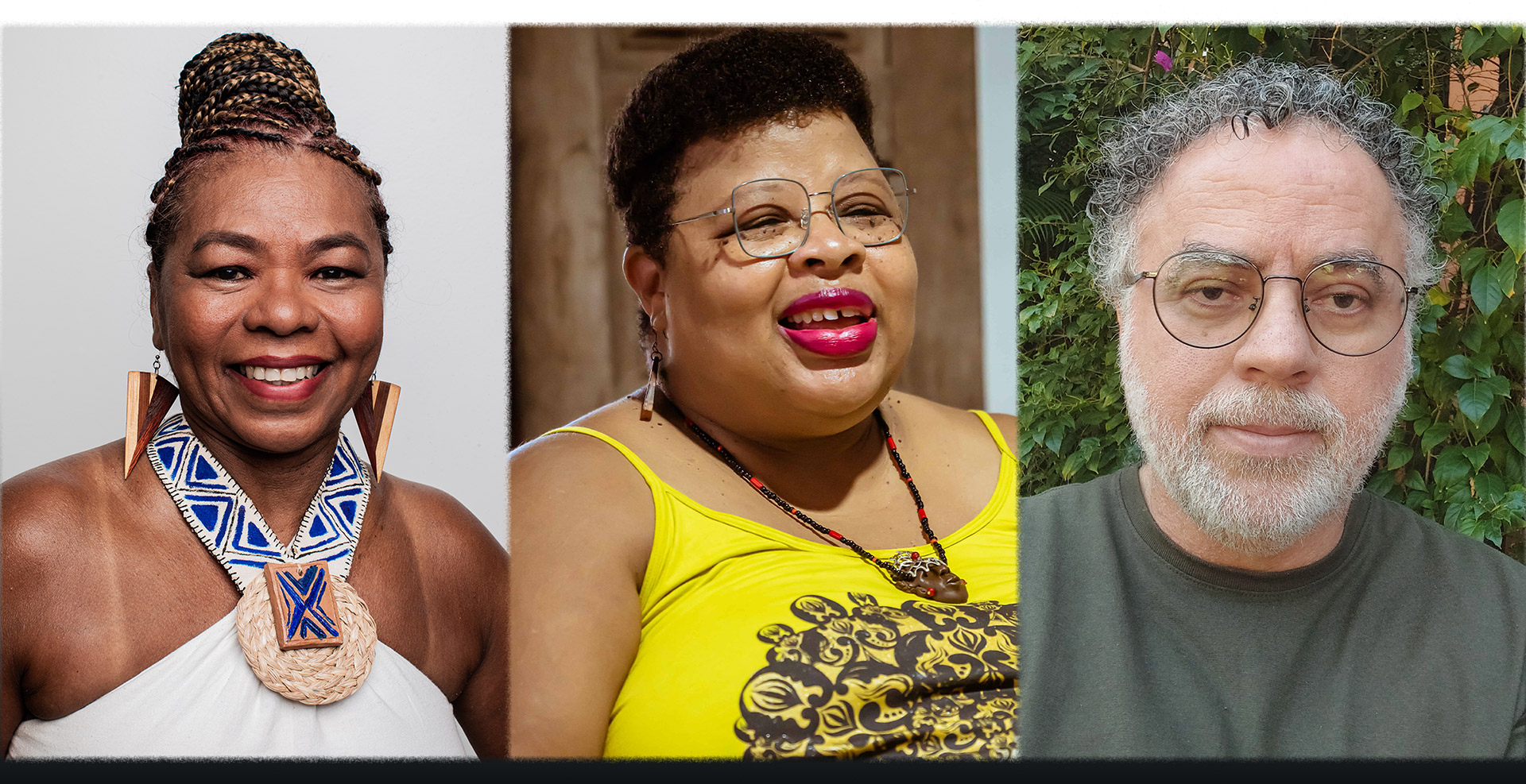 Imagem: da esquerda para a direita, uma mulher negra usando colares afros,; ao centro, outra mulher negra com cabelos curtos usando camiseta amarela; à direita, home branco de cabelos encaracolados e usando óculos