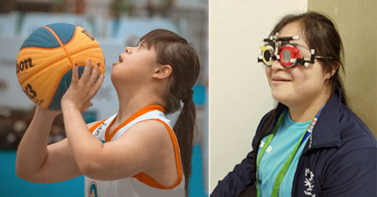 Jovem com sindrome de down em duas imagens: primeiro jogando basquete e segundo com equipamento para exame dos olhos