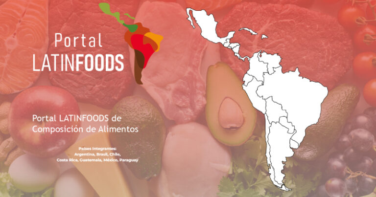 Imagem de alimentos variados ao fundo com um mapa da América Latina em cima e o nome Portal Latinfoods