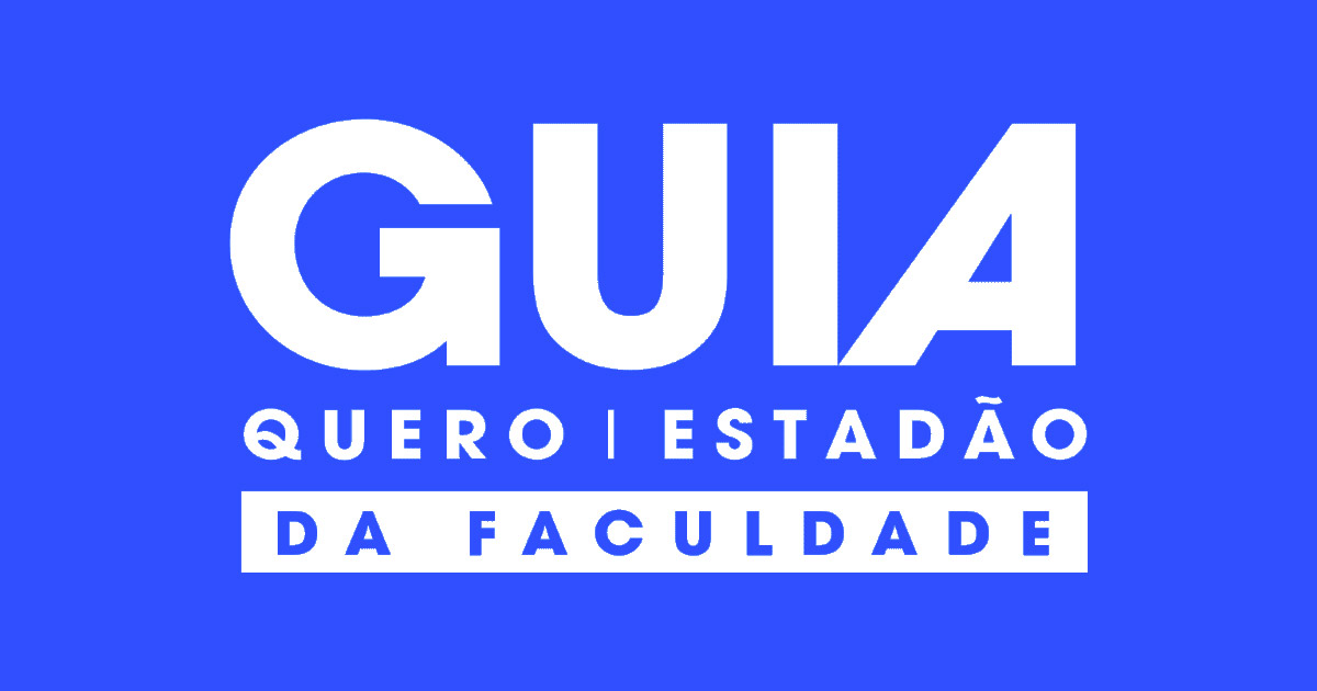 logo do guia da faculdade quero / estadão, em branco, sob fundo azul