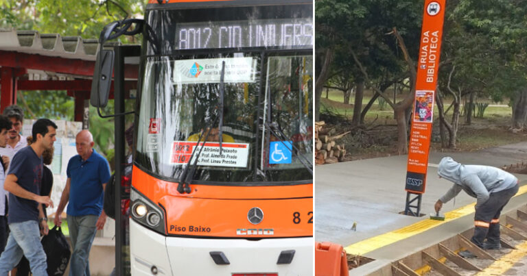 Pessoas entrando num ônibus e um trabalhador reformando um ponto de ônibus