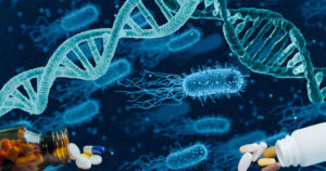 imagens de bactérias, sequências de DNA e frascos de medicamentos sobre fundo azul