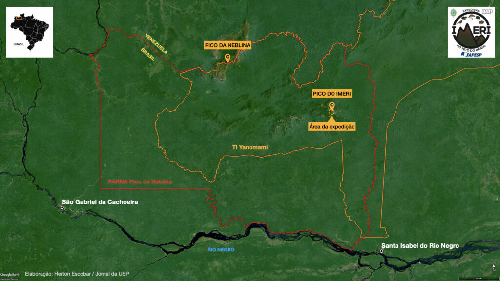 Mapa mostra a localização do Pico da Neblina e da Serra do Imeri, onde expedições lideradas por pesquisadores da USP descobriram diversas espécies novas