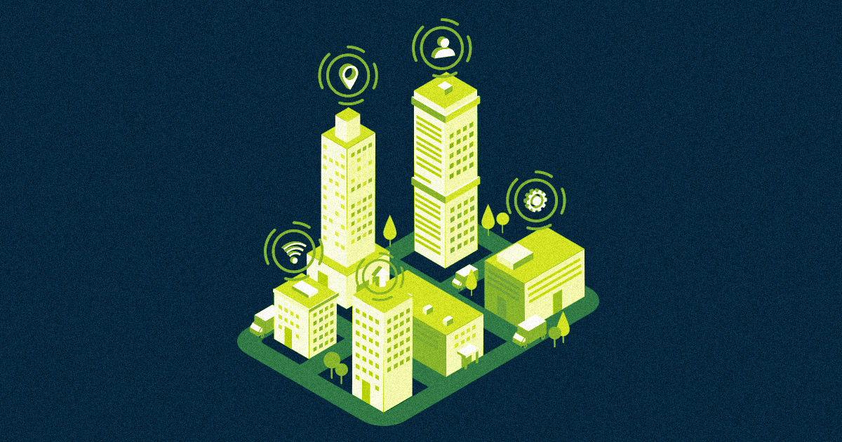 Desenho representando vários edifícios sobre um fundo escuro, ilustrando matéria sobre cidades inteligentes