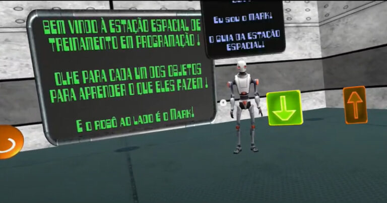 Tela de um jogo com um robô no centro numa sala de uma estação espacial e quadros com avisos