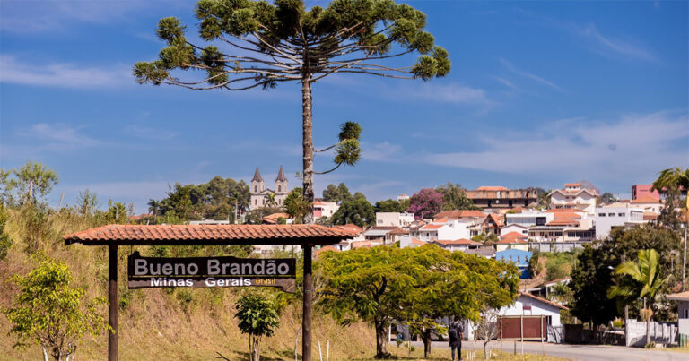 A imagem mostra um portal com a placa do nome da cidade Bueno Brandão, do lado direito uma árvore alta e outras duas mais baixas, com os telhados das casas da cidade ao fundo