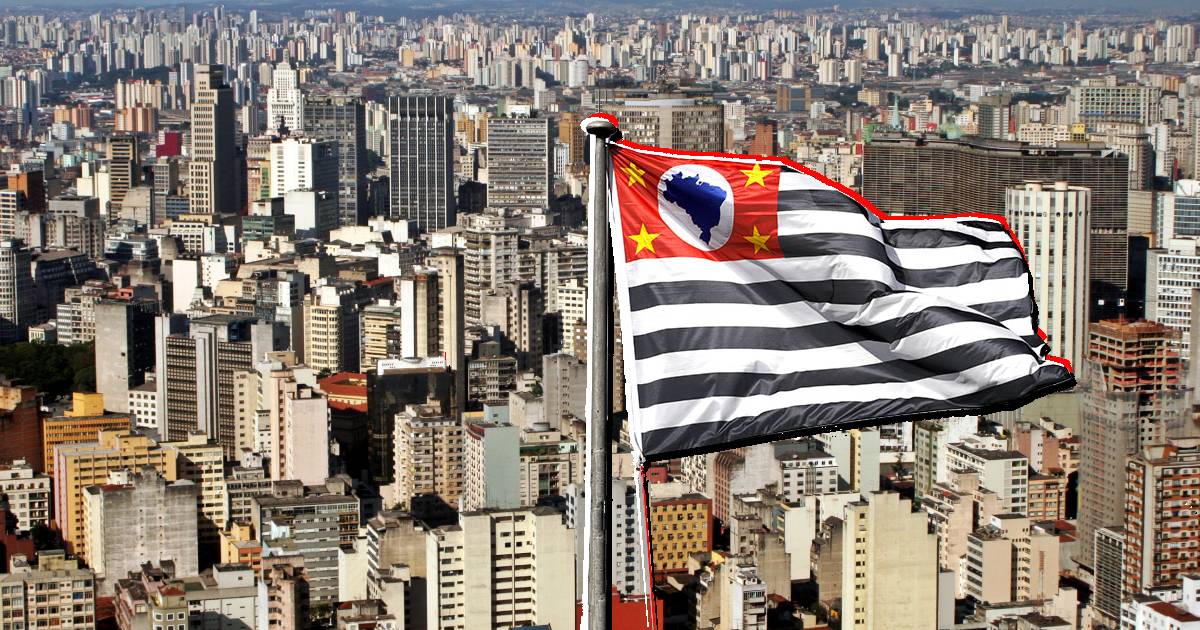 A imagem mostra de uma bandeira do estado de São Paulo em primeiro plano, com a cidade de São Paulo ao fundo